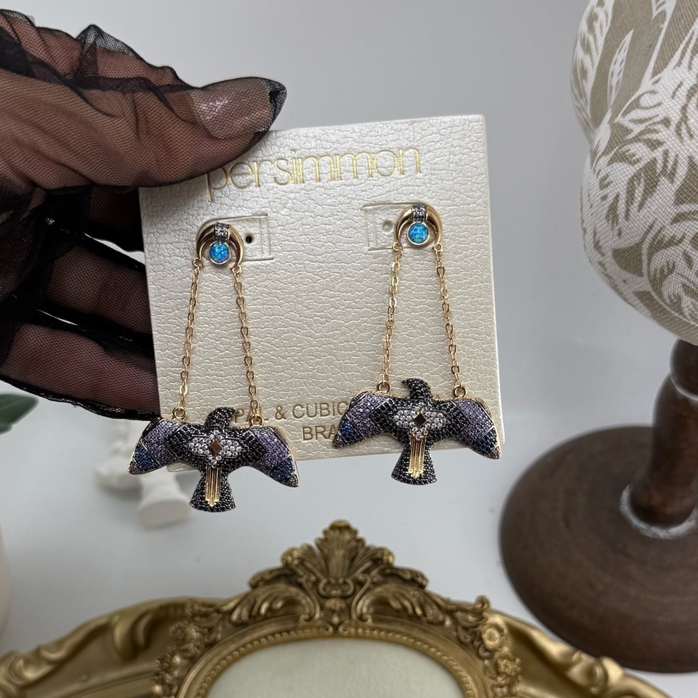 Persimmon Opal & Cubic Zirconia Bird Drop Earrings – Luxe Boho Statement - Picture 5 of 10